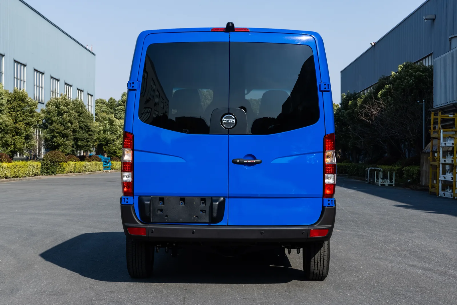 Rear view of blue TOURWAY T5 commercial vehicle